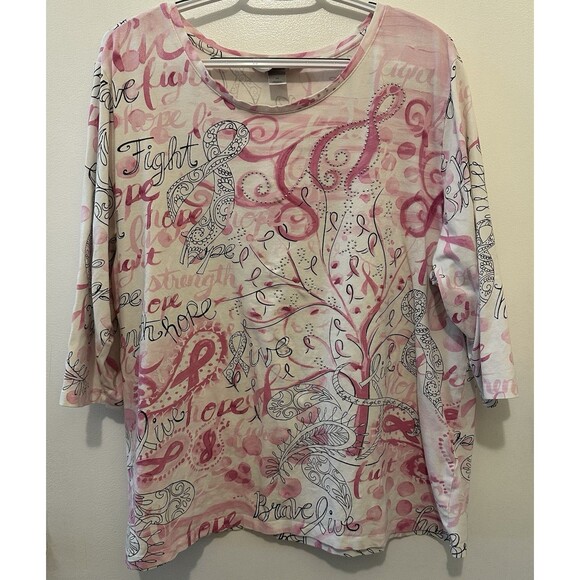 CJ Banks 2X Pink Breast Cancer Awareness Top Ribbon Hope Love Rhinestones - Picture 1 of 5